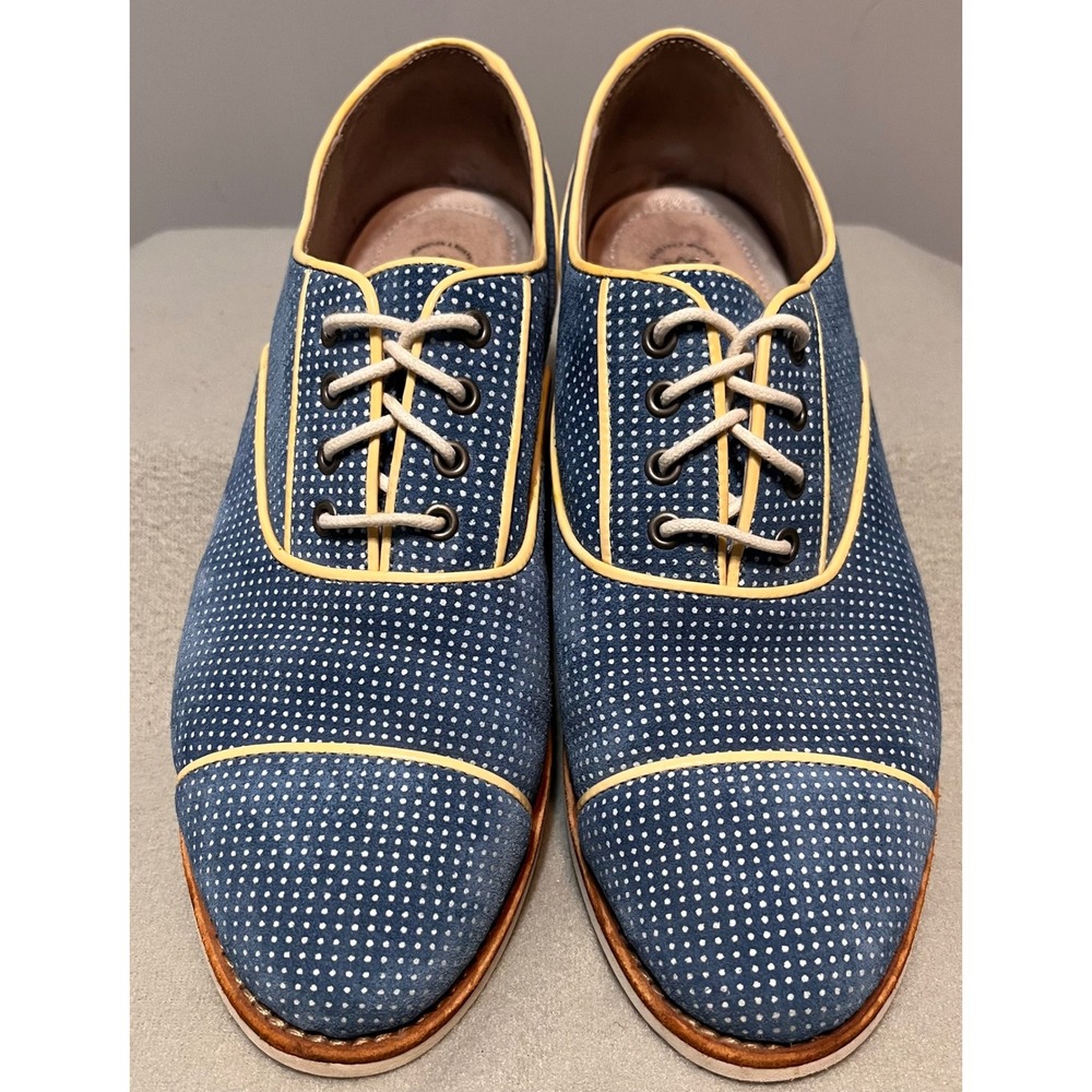 Johnston & Murphy Blue Polka Dot Suede Oxford Shoes Yellow Piping Womens 7M